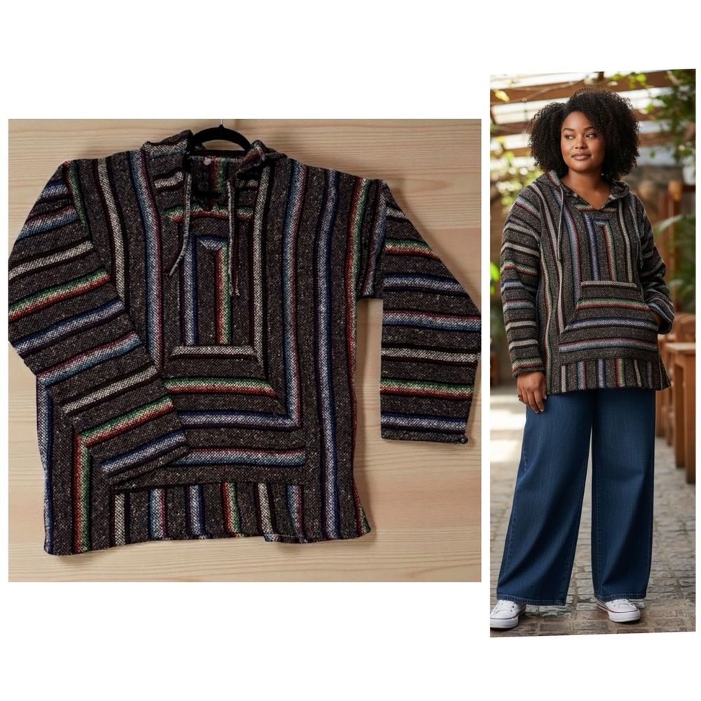 Baja Mexican Pullover Hoodie, Unisex Bohemian Sweatshirt Kangaroo Pouch Size XL